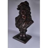 A large 19th century cast bronze bust of a musketeer, possibly Porthos, on socle base to square
