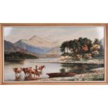 J Chisnall (19th/20th Century pair of watercolour lakeland scenes with cattle watering in a mountain