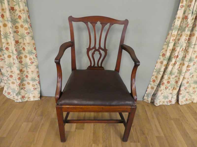 18th Century mahogany carver dining/library chair leather covered drop in seat