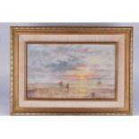 John Lewis Chapman (br b1943) oil on board 'Sunset Beach Scene' titled verso and featuring figures