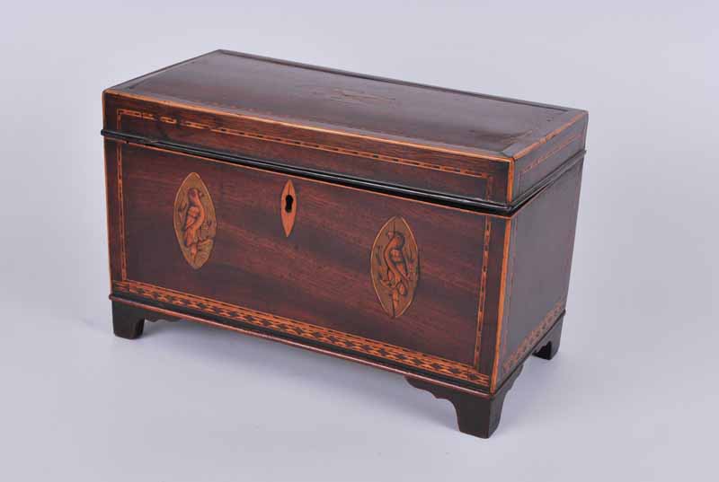 A George III mahogany twin compatrment tea caddy with chevron stringing and bird paterae on