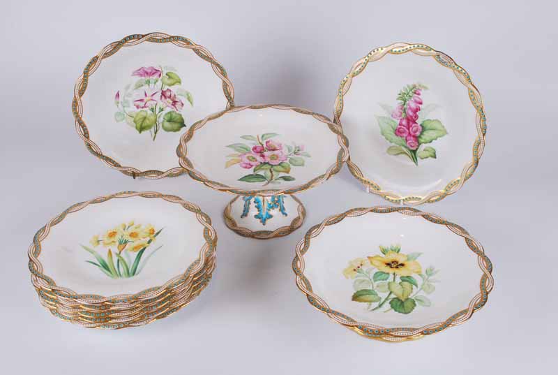 A Victorian Mintons hand painted botanical dessert service, comprising tazza, a pair of tazzae, - Image 2 of 4