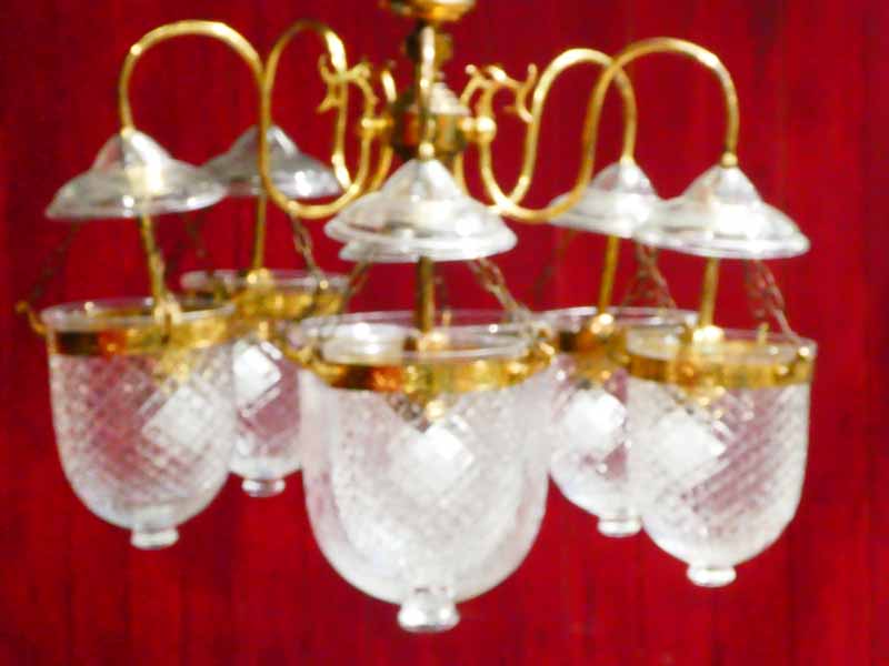 A mid to late 20th century brass five branch pendant lantern Chandelier, the lower bowl 23cm height,