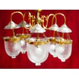 A mid to late 20th century brass five branch pendant lantern Chandelier, the lower bowl 23cm height,