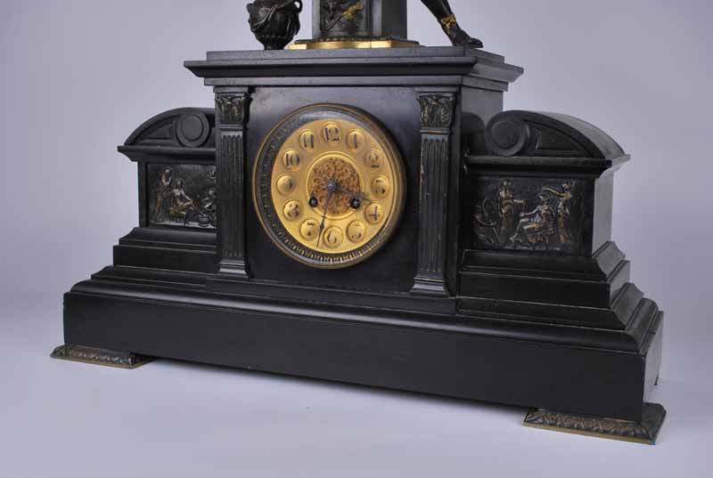 An architectural black slate mantle clock with parcel gilt bronze female warrior figure with - Image 3 of 4