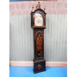 An early 18th Century chinoiserie long case clock, the arched brass Roman chapter dial with a