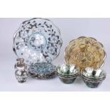 A collection of silvered glass including a sandwich set with large plate and four matching side