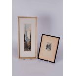 T Sanders colour etching, cathedral spire plus monochrome etching Karlskirk vienna indistinctly
