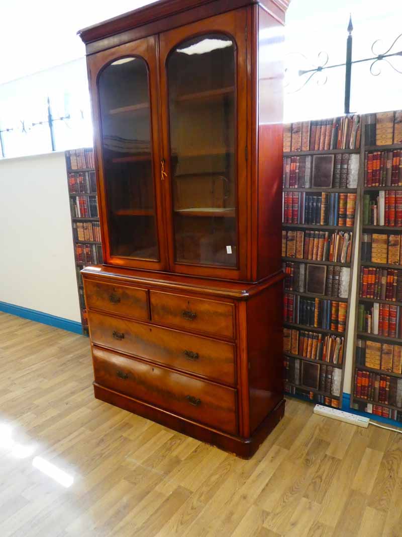 A Victorian flame mahogany two door glazed bookcase on chest of four drawers with square aesthetic - Image 2 of 2