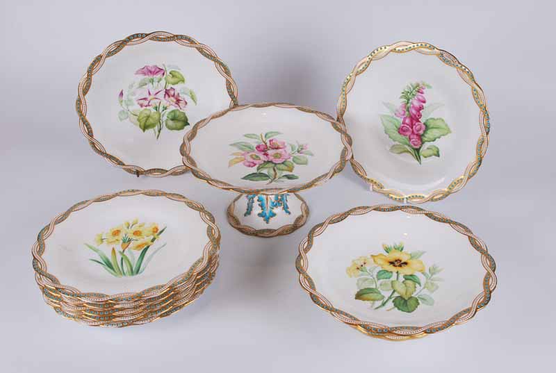 A Victorian Mintons hand painted botanical dessert service, comprising tazza, a pair of tazzae,