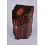 A George III mahogany serpentine knife box with fan paterae and chevron stringing converted to