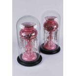 A pair of late Victorian pink latte glass table lustres, with polychrome enamel decoration in the