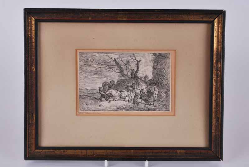 Philip Wouvermans 'Bandits' signed in image, engraving, trimmed, 7.8 x 12.5cm
