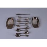 A group of silver items to include five George III old English pattern teaspoons with shell shaped