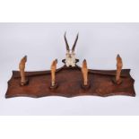 An early to mid-twentieth century wall mounted hat rack with taxidermy Roe deer slots as pegs and