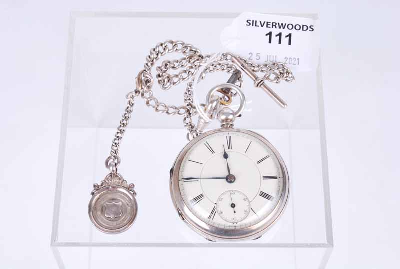 A 19th century silver cased pocket watch, white dial, seconds dial, silver fob chain with fob