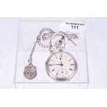 A 19th century silver cased pocket watch, white dial, seconds dial, silver fob chain with fob