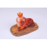 An oriental carved carnelian gourd on wooden stand