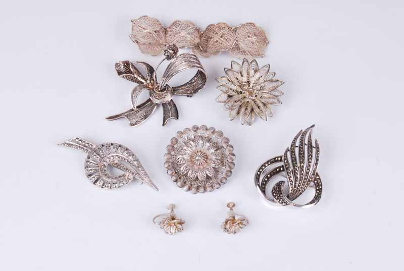 A small group of silver filigree and silver marcasite jewellery; to include brooches, earrings, - Image 2 of 2