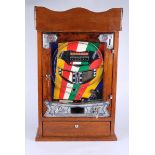 Bryans 'Elevenses' penny-in-the-slot arcade-style slot machine, oak-cased with metal mounts, 80cm H