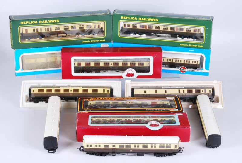 Collection of twelve railway carriages, seven boxed by Airfix, Replica, Dapol, mainline