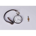 1862 silver cased open face pocket watch, white face, seconds dial with key