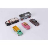 Five play worn toys, Dinky's Austin Atlantic, Dodge, Ford Sedan, 428 trailer, Tinplate ambulance