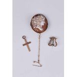 Shell cameo, gold cross & Lyre brooch