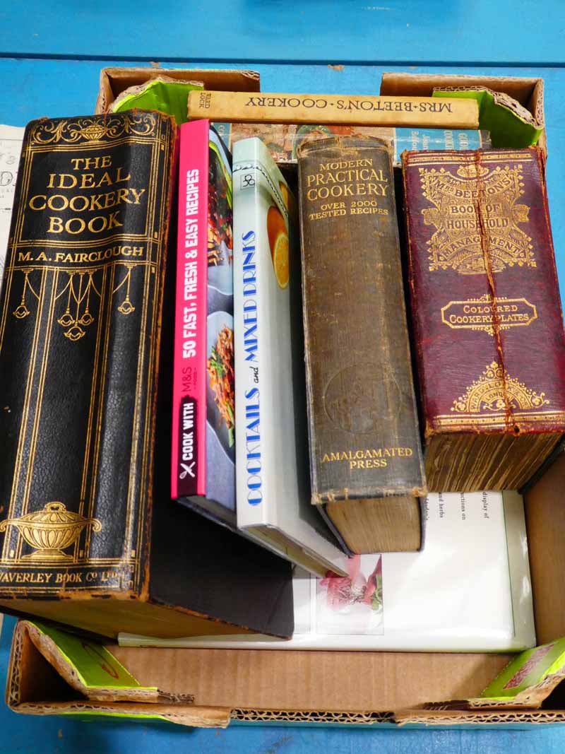 Vintage cookery books including Mrs Beeton's book of Household Management, The Ideal Cookery Book by