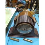 A brass planter, brass toilet mirror, two small shell cases and two oak and mahogany cased mantle