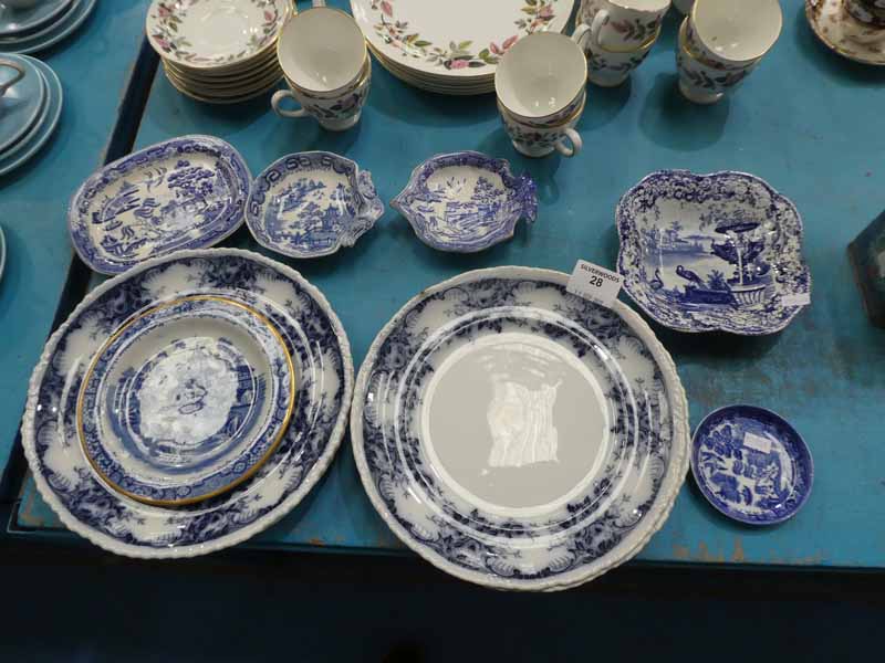 6 x Fentons Flow blue dinner plates and six items of blue and white including pickle dishes.
