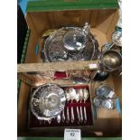 A box of mixed silver plated ware including dessert set and 12 items of mixed table ware.