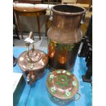 A large copper can, copper kettle and lidded copper pan.