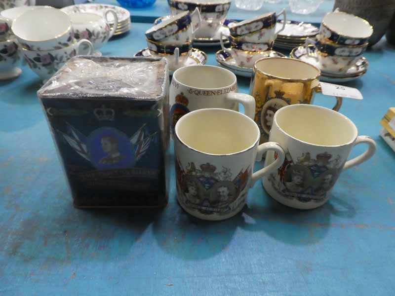 Four Royal Commemorative Mugs, George VI and later, 1977 Siver Jubille Tea Canister and contents