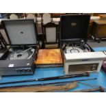 Two vintage record players by Dansette and Marconiphone and several LP records.