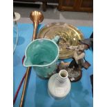 A copper coach horn,copper plaque, Wadeheath fauna jug, figurine and Spode bottle