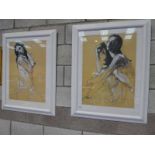 A pair of prints highlighted in charcoal and chalk, portrait nude female.