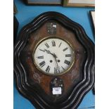 A French wall clock, oval wavey edge case, marquetry inlaid with white enamel dial, Roman numerals