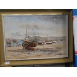 Wyn Appleford, fishing boats at low tide, oil on canvas and oil on board river scene.