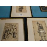 Three signed pen and ink drawings depicting wailing wall and other middle eastern scenes.