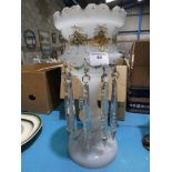 A Victorian milk glass decorated table lustre with ten cut glass droppers