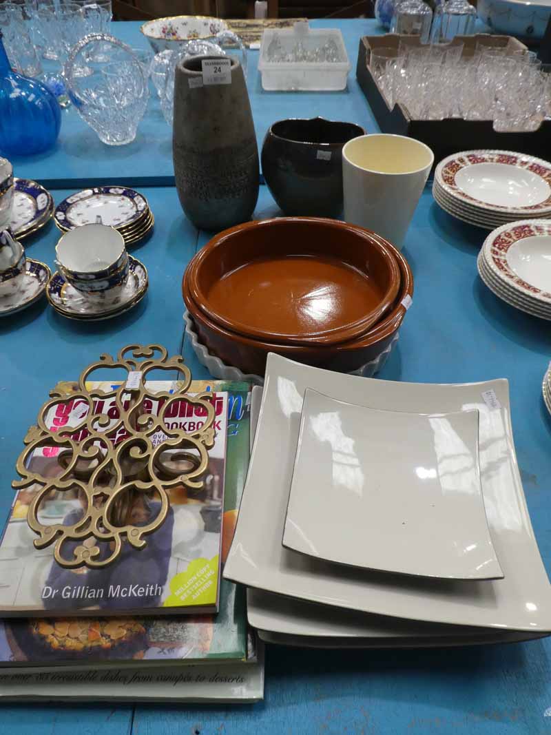 A mixed lot of ceramic tableware, cookbooks and brass warmer etc