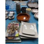 A mixed lot of ceramic tableware, cookbooks and brass warmer etc