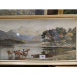 J Chisnall (19th/20th Century pair of watercolour lakeland scenes with cattle watering in a mountain