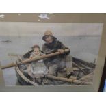 After E. Renouf Fisherman and child in a boat, vintage coloured print.