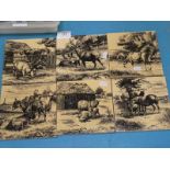 Six Minton monochrome transfer printed tiles depicting farm animals