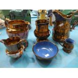 Five copper lustre jugs including Sunderland and one bowl