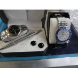 2 Slazenger wrist watch and Philip Mercer watch, pen and cufflink set