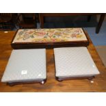 Foot stool, with tapestry cover and two others.