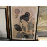 An Edwardian Japanese Woodblock print of a Geisha with hand mirror